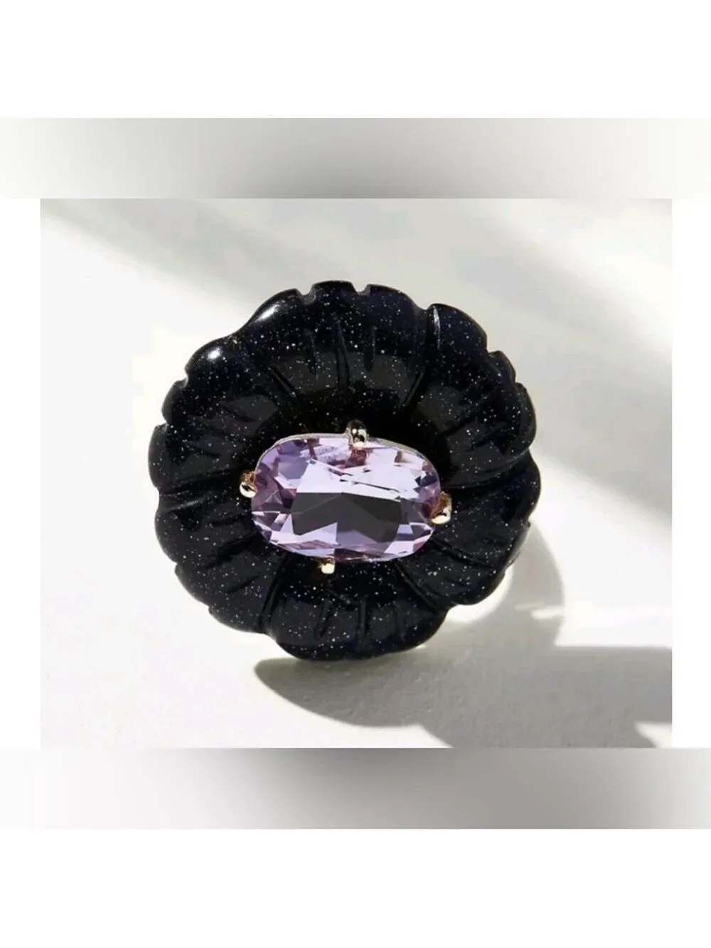 Anthropology 14k Gold Plated Floral Stone Midnight Blue. Purple Crystal.